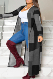 Black And White Casual Geometric Print Patchwork Plus Size Overcoat