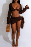 Coffee Sexy Solid Bandage Patchwork V Neck Long Sleeve Two Pieces