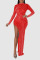 Red Sexy Solid Patchwork Slit Hot Drill Half A Turtleneck Evening Dress Dresses