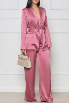 Pink Casual Solid Patchwork Turndown Collar Long Sleeve Two Pieces