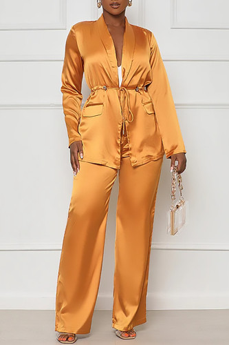 Orange Casual Solid Patchwork Turndown Collar Long Sleeve Two Pieces