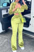 Green Yellow Casual Solid Patchwork Zipper Hooded Collar Long Sleeve Two Pieces