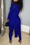 Blue Casual Solid Slit Half A Turtleneck Long Sleeve Two Pieces