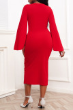 Red Casual Solid Patchwork Slit O Neck One Step Skirt Dresses