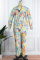 Black Yellow Casual Print Patchwork Turndown Collar Plus Size Two Pieces