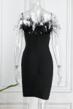 Black Sexy Formal Solid Patchwork Feathers Backless Strapless Evening Dress