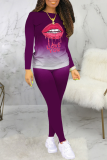 Purple Casual Gradual Change Lips Printed Patchwork O Neck Long Sleeve Two Pieces