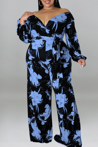 Blue Casual Print Bandage Patchwork V Neck Plus Size Jumpsuits