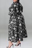 Dark Brown Casual Print Patchwork With Belt Turndown Collar Shirt Dress Plus Size Dresses