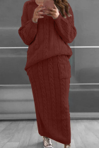 Burgundy Fashion Solid Patchwork O Neck Long Sleeve Two Pieces