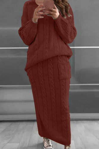 Burgundy Fashion Solid Patchwork O Neck Long Sleeve Two Pieces