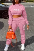 Pink Casual Print Letter Hooded Collar Long Sleeve Two Pieces