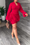 Red Casual Solid Make Old Draw String Fold V Neck One Step Skirt Dresses