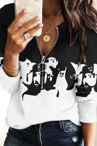 White Casual Print Patchwork Zipper Collar Tops