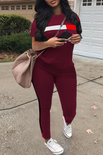Wine Red Stylish Casual Round Neck Sports Set