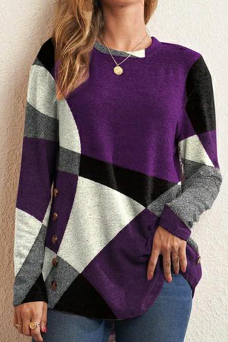 Purple Casual Print Patchwork O Neck Tops
