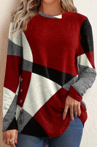 Red Casual Print Patchwork O Neck Tops