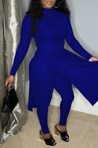 Blue Casual Solid Slit Half A Turtleneck Long Sleeve Two Pieces