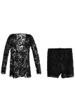 Black Sexy Patchwork Lace V Neck Long Sleeve Two Pieces