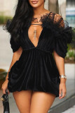 Black Sexy Solid Hollowed Out Patchwork Backless Off the Shoulder Short Sleeve Dress