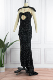 Black Sexy Formal Patchwork Hollowed Out Sequins Backless Slit Turn-back Collar Evening Dress Dresses