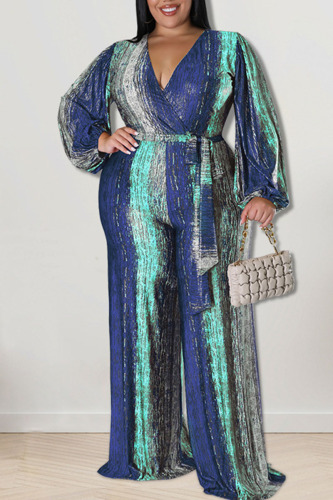 Deep Blue Casual Print Bandage Patchwork V Neck Plus Size Jumpsuits