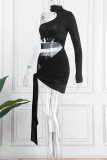 Black Sexy Solid Bandage Hollowed Out Patchwork Turtleneck Long Sleeve Dresses