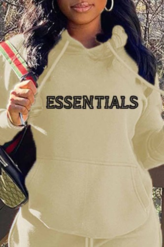 Apricot Casual Print Letter Hooded Collar Tops