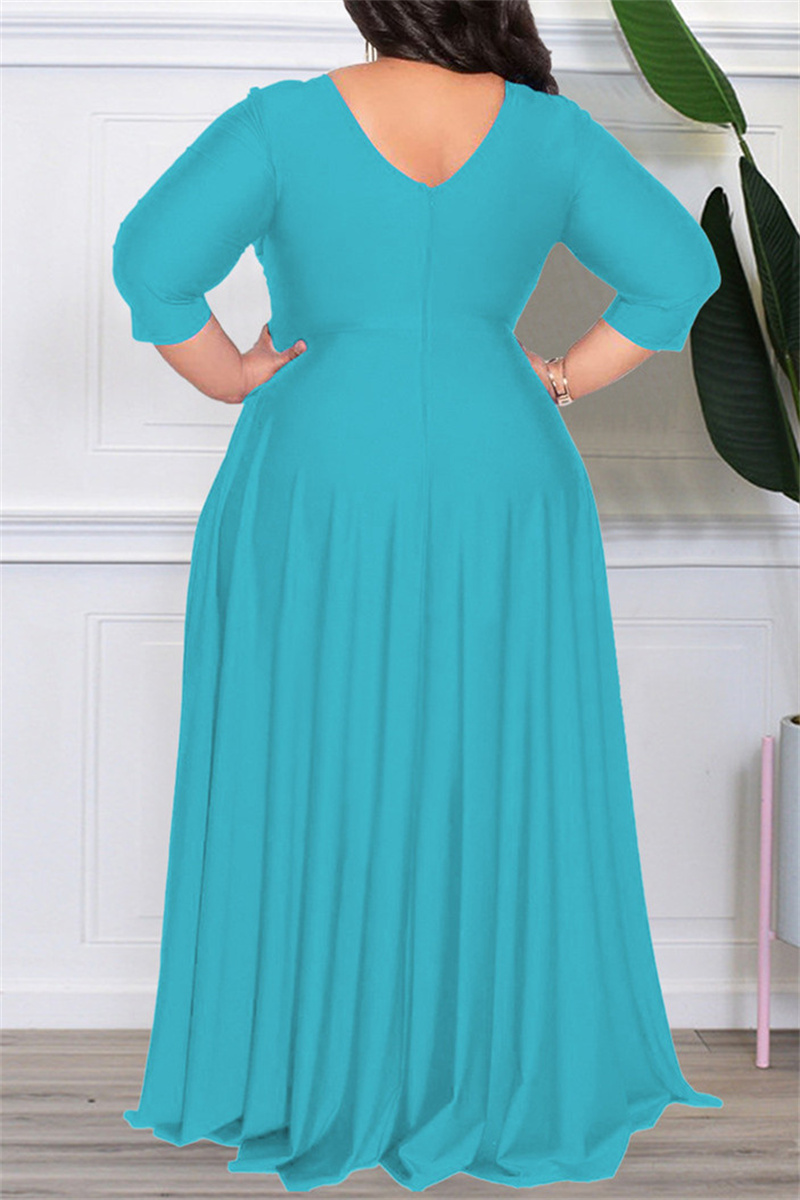 Wholesale Light Blue Casual Solid Patchwork V Neck Long Sleeve Plus Size Dresses K60900 6 Online