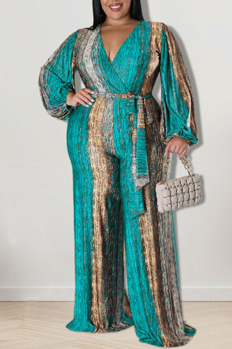 Green Casual Print Bandage Patchwork V Neck Plus Size Jumpsuits