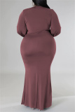 Dark Purple Casual Solid Patchwork V Neck Long Sleeve Plus Size Dresses