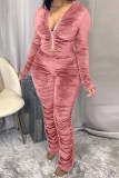 Light Pink Fashion Sexy Adult Pleuche Solid Fold Hooded Collar Long Sleeve Regular Sleeve Regular Two Pieces