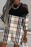 Blue Casual Print Hollowed Out Patchwork O Neck Long Sleeve Dresses