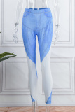 Light Blue Casual Print Patchwork Skinny High Waist Pencil Trousers