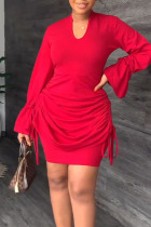 Red Casual Solid Make Old Draw String Fold V Neck One Step Skirt Dresses
