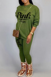 Green Casual Letter Print Patchwork O Neck Long Sleeve Two Pieces