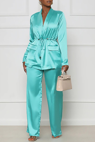 Sky Blue Casual Solid Patchwork Turndown Collar Long Sleeve Two Pieces