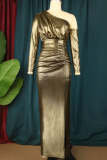 Gold Elegant Solid Patchwork Slit Oblique Collar Dresses