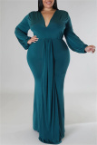 Light Green Casual Solid Patchwork V Neck Long Sleeve Plus Size Dresses