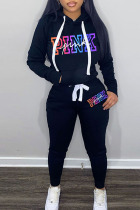 Black Casual Letter Print Patchwork Hooded Collar Long Sleeve Two Pieces