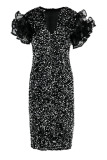 Black Sexy Solid Sequins Patchwork O Neck One Step Skirt Dresses