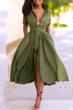 Army Green Casual Solid Patchwork Turndown Collar Cake Skirt Dresses