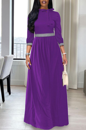 Purple Casual Solid Patchwork With Bow O Neck Long Dress Dresses_Maxi ...