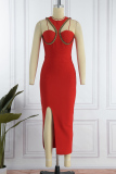 Red Sexy Solid Patchwork Slit O Neck Sleeveless Dress