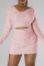 Pink Casual Solid Hollowed Out Patchwork V Neck Long Sleeve Dresses