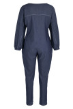 Black Casual Solid Patchwork Buckle O Neck Long Sleeve Denim Jumpsuits