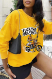 Yellow Casual Daily Print Patchwork Letter O Neck Tops