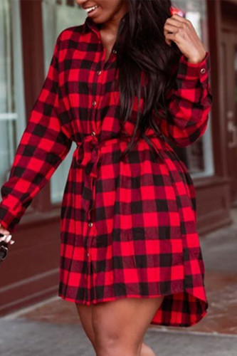 Red Casual Plaid Print With Belt Turndown Collar Shirt Dress Dresses