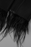 Black Sexy Formal Solid Patchwork Feathers Slit Half A Turtleneck Sleeveless Dress Dresses