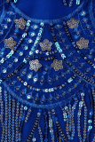 Blue Sexy Patchwork Tassel Sequins Backless Off the Shoulder Sleeveless Dress